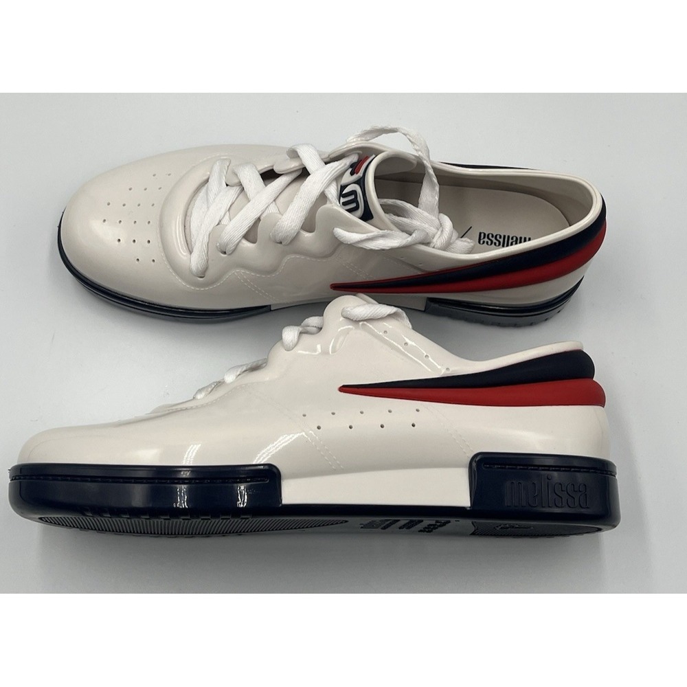 Fila‎ x Melissa Sneakers Womens 8 White Patent Lace Up PVC Retro Stripe